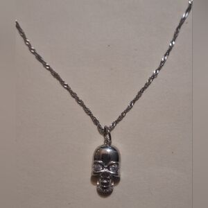 Oak & Ivy Boutique Silver Tone Skull w/Rhinestone Eyes Necklace 17.75-21" NWOT